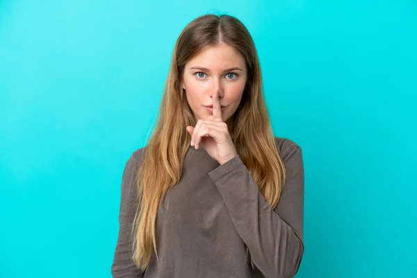 Ung Blond Kvinna Isolerad Blå Bakgrund Visar Ett Tecken Tystnad — Stockfoto