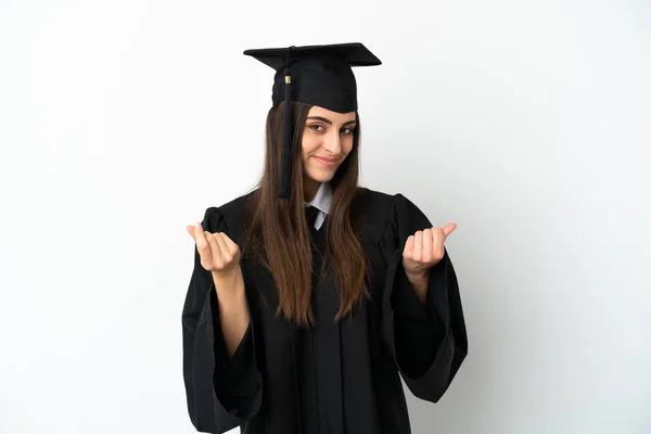 Graduação Universitária Jovem Isolado Fundo Branco Fazendo Gesto Dinheiro — Fotografia de Stock