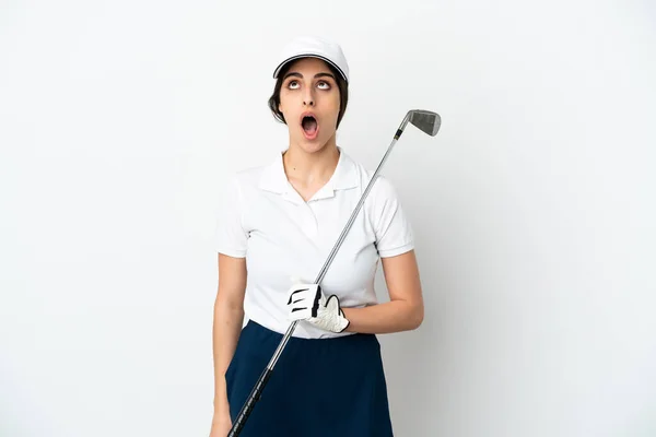 Bello Giovane Golfista Donna Isolato Sfondo Bianco Guardando Alto Con — Foto Stock