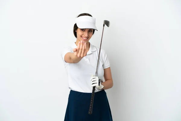 Bello Giovane Golfista Donna Isolato Sfondo Bianco Invitando Venire Con — Foto Stock