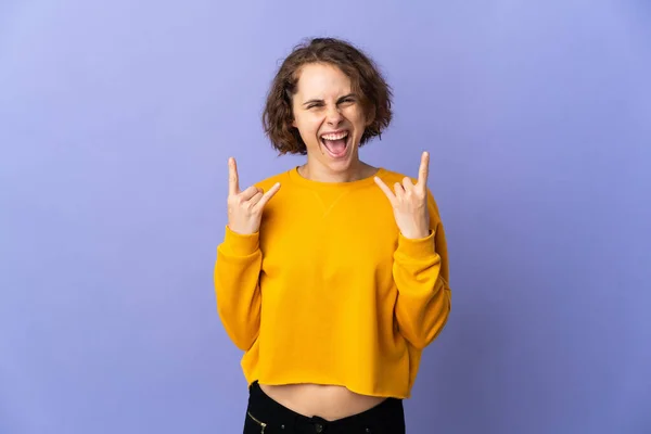Young English Woman Isolated Purple Background Making Horn Gesture — Stock Fotó