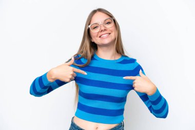 Young beautiful blonde woman isolated on white background proud and self-satisfied