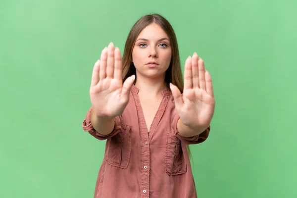 Young Beautiful Blonde Woman Isolated Background Making Stop Gesture Disappointed — Foto Stock