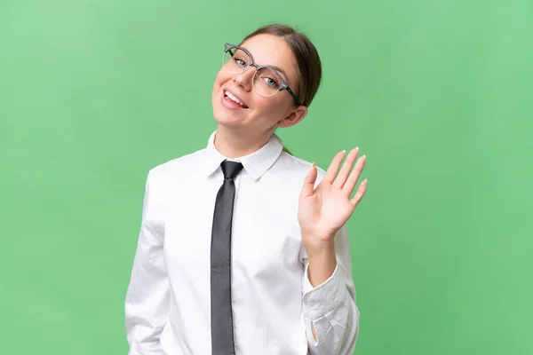Young Business Caucasian Woman Isolated Background Saluting Hand Happy Expression — Stok fotoğraf
