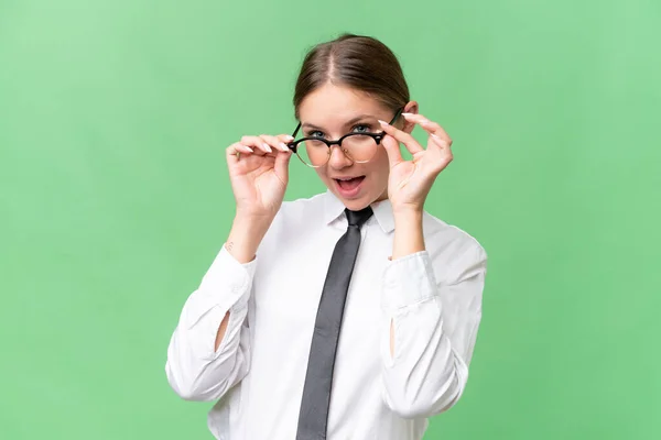 Young Business Caucasian Woman Isolated Background Glasses Surprised — Foto de Stock