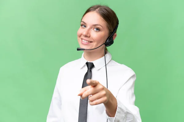 Telemarketer Caucasian Woman Working Headset Isolated Background Points Finger You — Zdjęcie stockowe