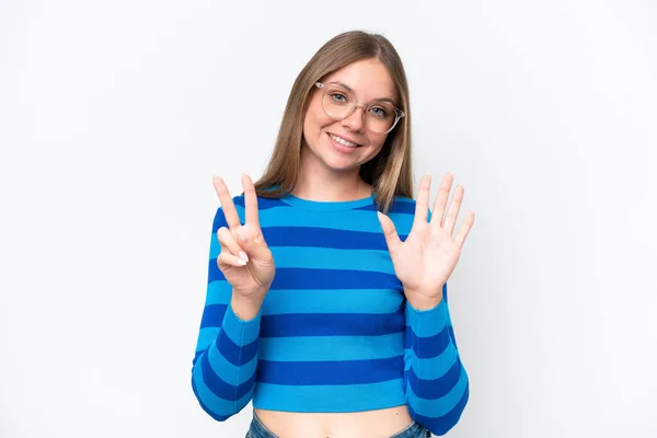 Young Beautiful Blonde Woman Isolated White Background Counting Seven Fingers — Stock Photo, Image