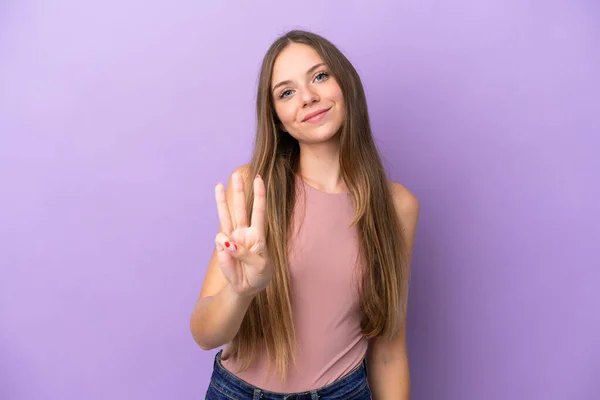 Young Lithuanian Woman Isolated Purple Background Happy Counting Three Fingers — Stockfoto