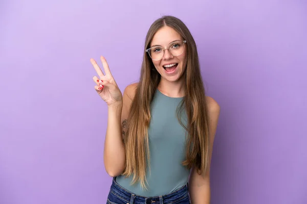 Young Lithuanian Woman Isolated Purple Background Smiling Showing Victory Sign — 图库照片