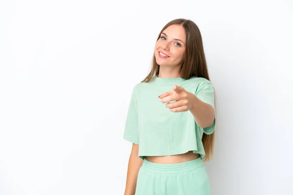 Young Lithuanian Woman Isolated White Background Pointing Front Happy Expression — Φωτογραφία Αρχείου