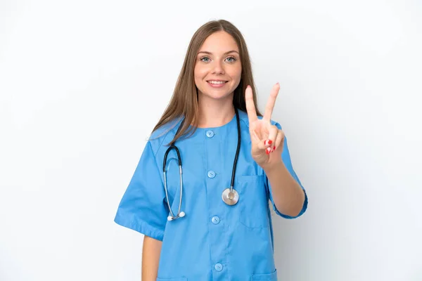 Jonge Chirurg Arts Litouwse Vrouw Geïsoleerd Witte Achtergrond Glimlachen Tonen — Stockfoto