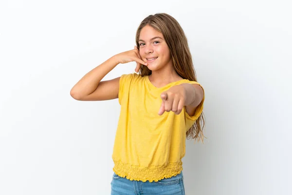 Little Caucasian Girl Isolated White Background Making Phone Gesture Pointing — Stock Photo, Image
