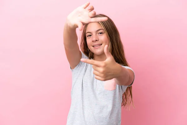 Little Caucasian Girl Isolated Pink Background Focusing Face Framing Symbol — Stock Photo, Image