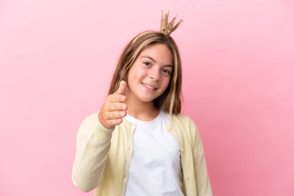 Little Princess Crown Isolated Pink Background Shaking Hands Closing Good — Stock Photo, Image