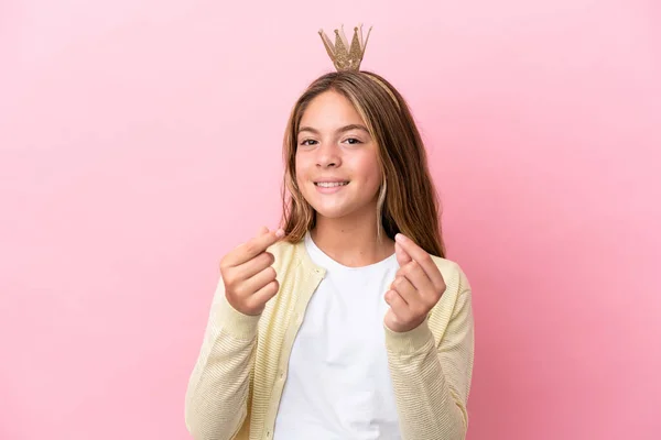 Little Princess Crown Isolated Pink Background Making Money Gesture —  Fotos de Stock