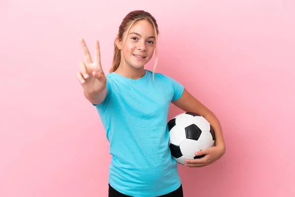 Little Football Player Girl Isolated Pink Background Smiling Showing Victory — Foto de Stock