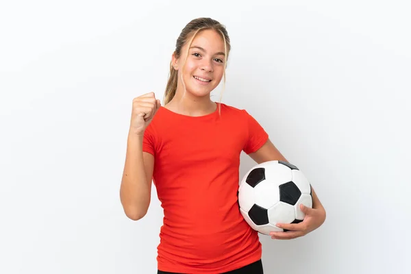 Little Caucasian Girl Isolated White Background Soccer Ball Celebrating Victory — Foto de Stock