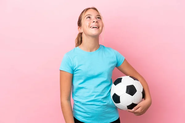 Little Football Player Girl Isolated Pink Background Laughing — 스톡 사진