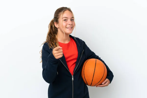 Little Caucasian Girl Isolated White Background Playing Basketball Pointing Front — Stock Photo, Image