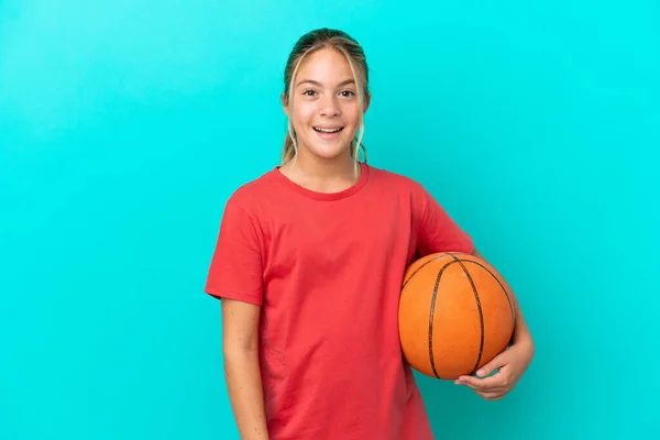 Little Caucasian Girl Playing Basketball Isolated Blue Background Surprise Facial — Stock Photo, Image