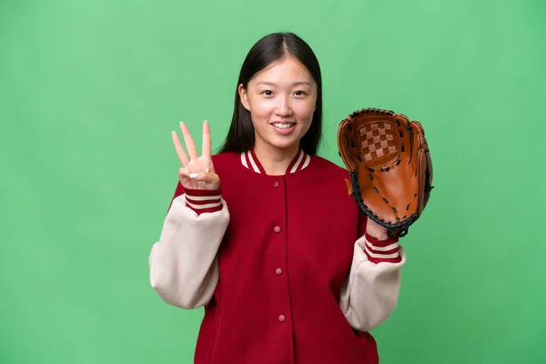 Jong Aziatische Vrouw Met Honkbal Handschoen Geïsoleerde Achtergrond Gelukkig Tellen — Stockfoto
