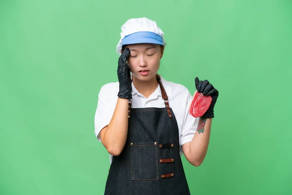 Young Caucasian Woman Wearing Apron Serving Fresh Cut Meat Isolated — Stock Photo, Image