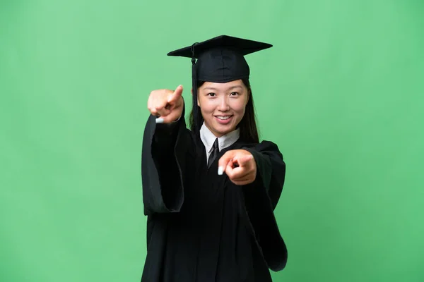 Young University Graduate Asian Woman Isolated Background Points Finger You — Stock Photo, Image