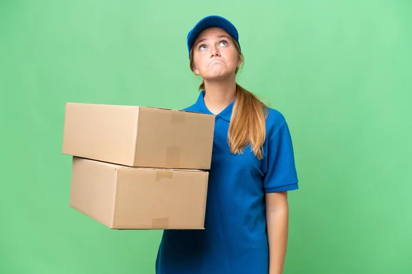 Delivery Caucasian Woman Isolated Background Looking — Stock Photo, Image