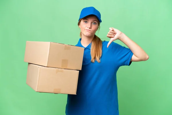 Delivery Caucasian Woman Isolated Background Showing Thumb Negative Expression — Stock Photo, Image