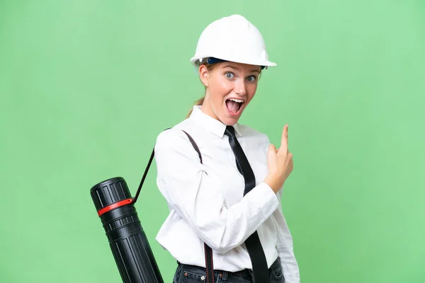 Young Architect Caucasian Woman Helmet Holding Blueprints Isolated Background Surprised — Foto Stock