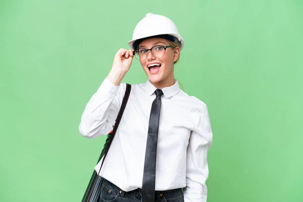 Young Architect Caucasian Woman Helmet Holding Blueprints Isolated Background Glasses — Stockfoto