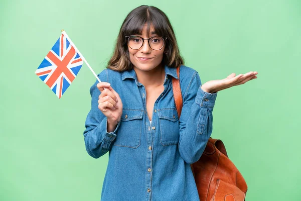 Young Caucasian Woman Holding United Kingdom Flag Isolated Background Having — Stock Photo, Image