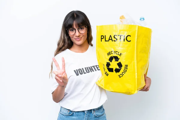 Junge Kaukasische Frau Mit Einer Tüte Voller Plastikflaschen Zum Recyceln — Stockfoto