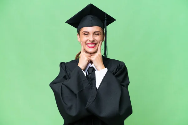Mladý Vysokoškolský Absolvent Běloška Žena Přes Izolované Pozadí Úsměvem Šťastný — Stock fotografie