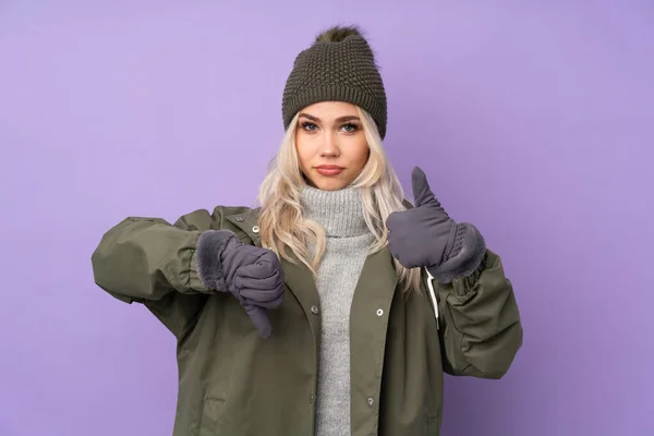 Teenager Blonde Girl Winter Hat Isolated Purple Background Making Good — Stock Photo, Image