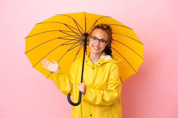 Teenager Russian Girl Rainproof Coat Umbrella Isolated Pink Background Extending — ストック写真