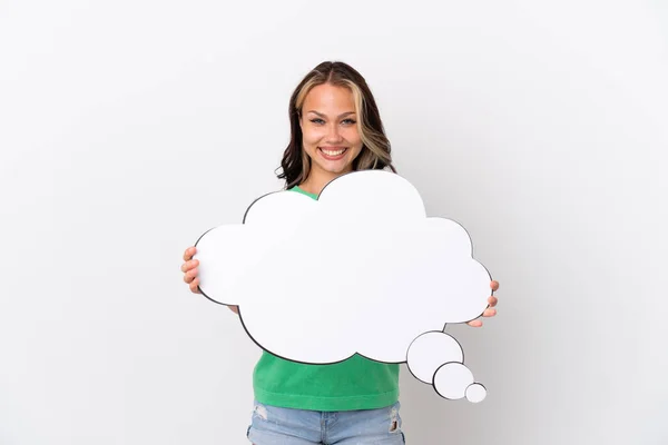 Teenager Russian Girl Isolated Blue Background Holding Thinking Speech Bubble — Stock Photo, Image