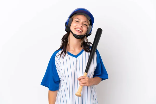 Baseball Rusky Dívka Hráč Helmou Pálkou Izolované Bílém Pozadí Směje — Stock fotografie