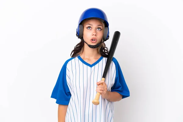 Baseball Ruská Dívka Hráč Helmou Pálkou Izolované Bílém Pozadí Při — Stock fotografie