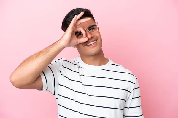 Young Caucasian Handsome Man Isolated Pink Background Glasses Happy Expression — Stock fotografie