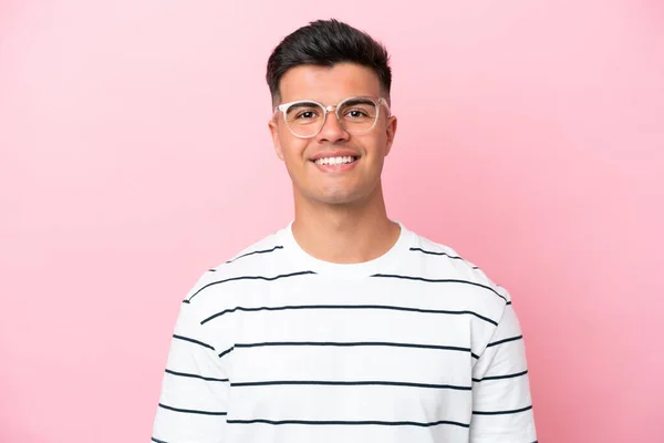 Young Caucasian Handsome Man Isolated Pink Background Glasses Happy Expression — Foto de Stock