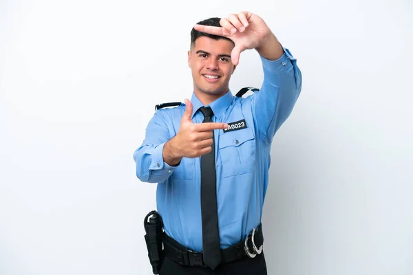 白人の背景を中心に孤立した若い警察官の白人男性 フレーミングシンボル — ストック写真