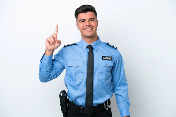 Jonge Politie Blanke Man Geïsoleerd Witte Achtergrond Tonen Het Opheffen — Stockfoto