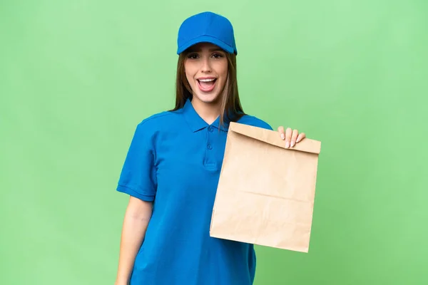 Young Beautiful Caucasian Woman Taking Bag Takeaway Food Isolated Background — Foto Stock