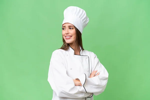 Jovem Chef Caucasiano Mulher Sobre Isolado Fundo Com Braços Cruzados — Fotografia de Stock