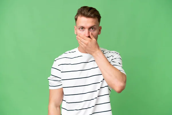 Ung Blond Kaukasisk Man Över Isolerad Bakgrund Täcker Munnen Med — Stockfoto