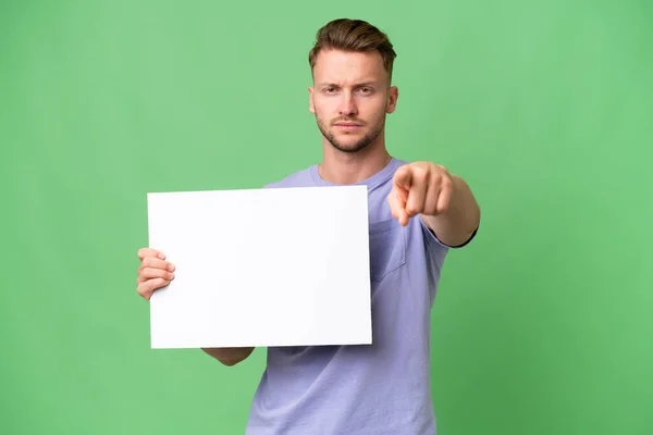 Young Blonde Caucasian Man Isolated Background Holding Empty Placard Pointing — Stock Photo, Image