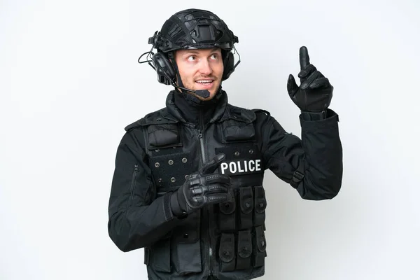 Swat Man Över Isolerad Vit Bakgrund Pekar Med Pekfingret Bra — Stockfoto