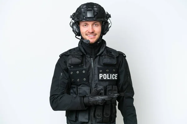Swat Man Isolated White Background Providing Idea While Looking Looking — 图库照片