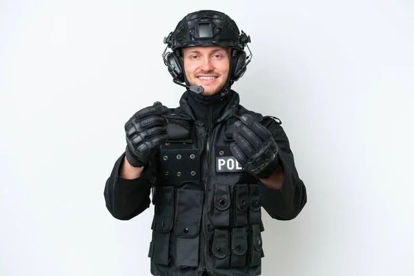 Swat Man Isolated White Background Making Money Gesture — 图库照片